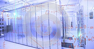 Mathematical equations against empty server room