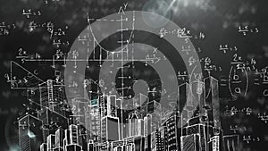 Mathematical equations floating against spots of light and cityscape sketch on blackboard