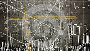Mathematical equations and formulas floating against crane and cityscape sketch on blackboard
