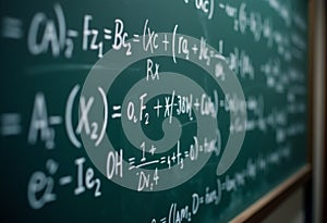 Mathematical equations and formulas written in chalk on a green chalkboard in a classroom