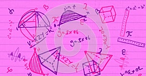 Mathematical equations over purple background.