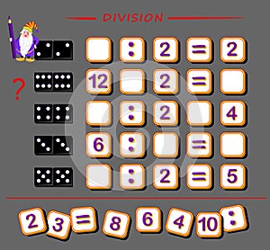 Mathematical exercises for kids. Find numbers which fell out from division table and write them in correct places.