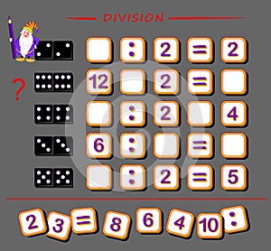 Mathematical exercises for kids. Find numbers which fell out from division table and write them in correct places. photo
