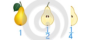 Mathematical games for children. Study the fractions numbers, example with pears.