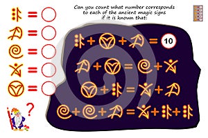 Mathematical logic puzzle game for children and adults. Can you count what number corresponds to each of ancient magic signs? photo