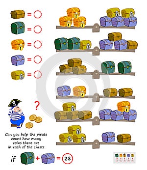Mathematical logic puzzle game for children. Can you help the pirate count how many coins there are in each of the chests?