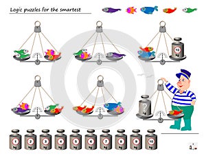 Mathematical logic puzzle game. Help the fisherman to calculate the weight of fish. What weight must put on weighing scales?