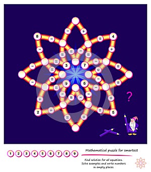 Mathematical logic puzzle game for smartest. Find solution for all equations. Solve examples and write numbers in empty places.