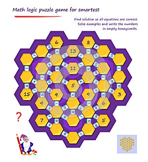 Mathematical logic puzzle game for smartest. Find solution to all equations are correct. Solve examples and write numbers in empty