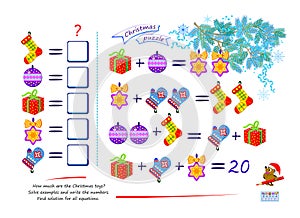 Mathematical logic puzzle game for smartest. How much are the Christmas toys? Solve examples and write the numbers. Find solution