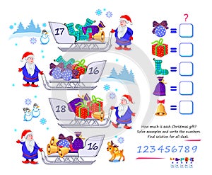Mathematical logic puzzle game for smartest. How much is each Christmas gift? Solve examples and write the numbers. Find solution photo