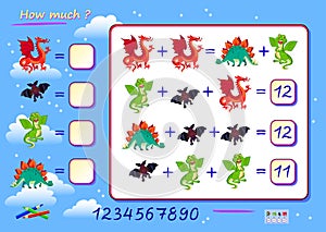 Mathematical logic puzzle game for smartest. How much are the fantastic animals? Solve examples and write the numbers. Find