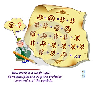 Mathematical logic puzzle game for smartest. How much is a magic sign? Solve examples and help the professor count value of the