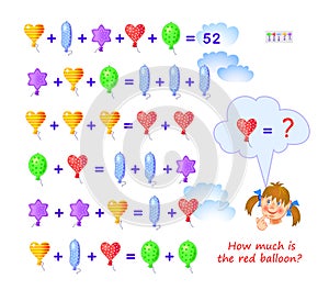 Mathematical logic puzzle game for smartest. How much is the red balloon? Solve examples and find solution. Page for brain teaser