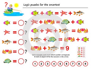 Mathematical logic puzzle game for smartest. Solve examples and count the value of each fish. Write the numbers in circles.