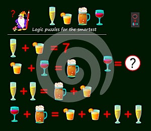 Mathematical logic puzzle game for smartest. Solve examples and count which of numbers corresponds to each of drink.