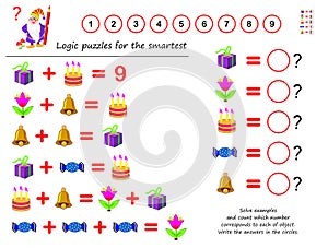 Mathematical logic puzzle game. Solve examples and count which number corresponds to each of object. Write the answers in circles.