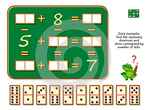 Mathematical logic puzzle game. Solve examples, find the necessary dominoes and draw corresponding number of dots. Brain teaser photo
