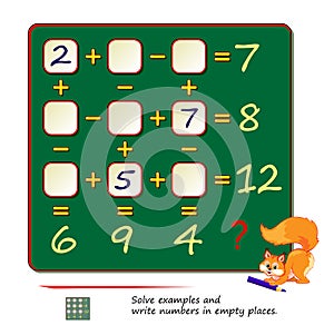 Mathematical logic puzzle game. Solve examples and write numbers in empty places. Page for brain teaser book. Math exercises on