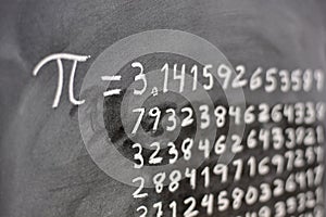 Mathematical number pi, written with chalk on a blackboard photo