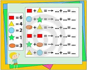 Mathematical puzzle game. Learning mathematics, tasks for addition for preschool children. worksheet for preschool kids.Learning m