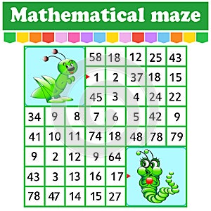 Mathematical rectangle maze. Caterpillar and grasshopper. Game for kids. Number labyrinth. Education worksheet. Activity page.
