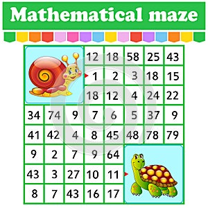 Mathematical rectangle maze. Snail and turtle. Game for kids. Number labyrinth. Education worksheet. Activity page. Riddle for