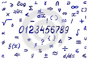 Mathematical symbols, signs, numbers and formulas are written with a blue felt-tip pen