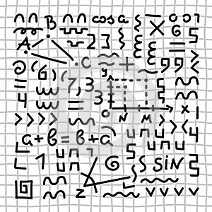 Mathematical, trigonometric formulas, symbols, schemes. Vector hand drawn education