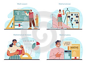 Mathematician concept set. Mathematician use scientific formulas