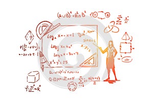 Mathematician with pointer, theorem proof, stationery tools,complex equations and formulas