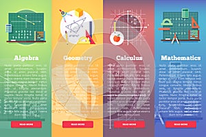 Mathematics banners. Flat vector education concept of math, algebra, calculus.