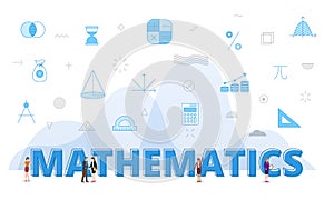 Mathematics concept with big words and people surrounded by related icon spreading with blue color