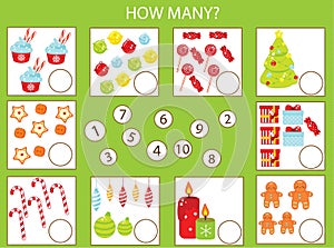 Mathematics educational children game, kids activity. How many objects task. New Year and christmas theme. Count from one to ten