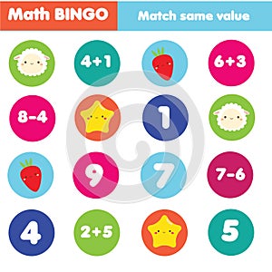 Mathematics educational children game. math bingo activity for kids. match one value