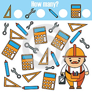 Mathematics educational children game. Study counting, numbers, addition. help worker count tools