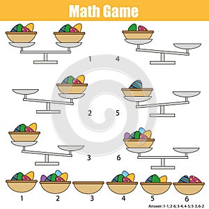 Mathematics educational game for children. balance the scale. Easter eggs in basket