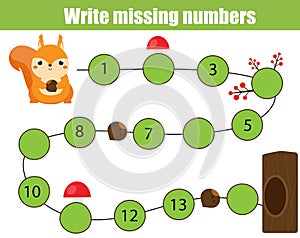 Mathematics educational game for children. Complete the row, write missing numbers. help squirrel find tree