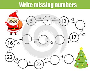 Mathematics educational game for children. Complete the row, write missing numbers. Solve the equation and help Santa find