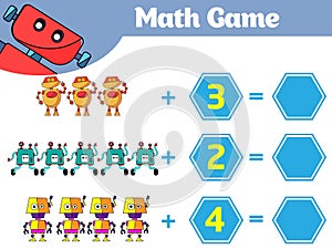 Mathematics educational game for children. Learning subtraction worksheet for kids, counting activity. Vector illustration Robot