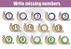 Mathematics educational game for children. Write the missing numbers