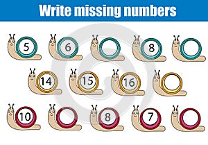 Mathematics educational game for children. Write the missing numbers