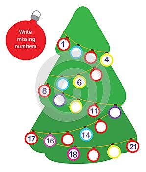 Mathematics educational game for children. Write the missing numbers. Christmas, New Year theme fun for toddlers