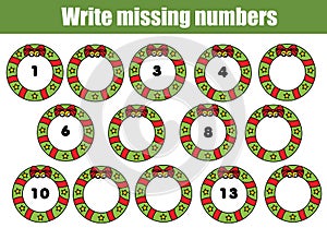 Mathematics educational game for children. Write the missing numbers. Christmas theme