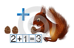 Mathematics familiarity with the plus sign addition with a squirrel on a white background. photo