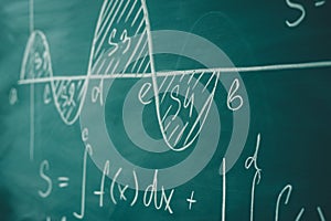 Mathematics function integra graph formulas on the chalkboard.