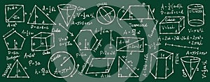 Mathematics and geometry, figures and formulas on dark green background. Banner for school, university and training