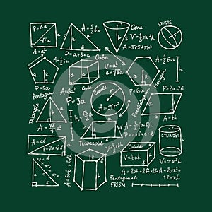 Mathematics and geometry, figures and formulas on dark green background. For school, university and training. Symbols