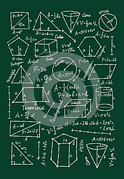 Mathematics and geometry, figures and formulas on dark green background. Vertical card on white background. For school