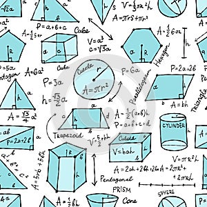 Mathematics and geometry, figures and formulas. Seamless pattern background. For school, university and training
